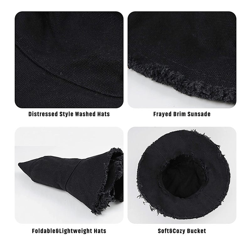FGSS Womens-Sun-Hats Bucket-Hat Distressed Sun-Protection Washed-Cotton - Summer Wide Brim Beach Cap(Size:S-M) Black - Image 2